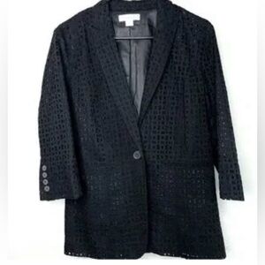 Coldwater Creek Classic Embroidered Cinched Waist Black Lace Blazer Size 10